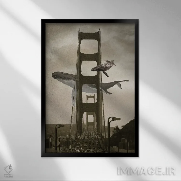 تابلو دکوراتیو تماشای نهنگ از پل گلدن گیت اثر دیوید لوبلاو - نمای قابدار مشکی