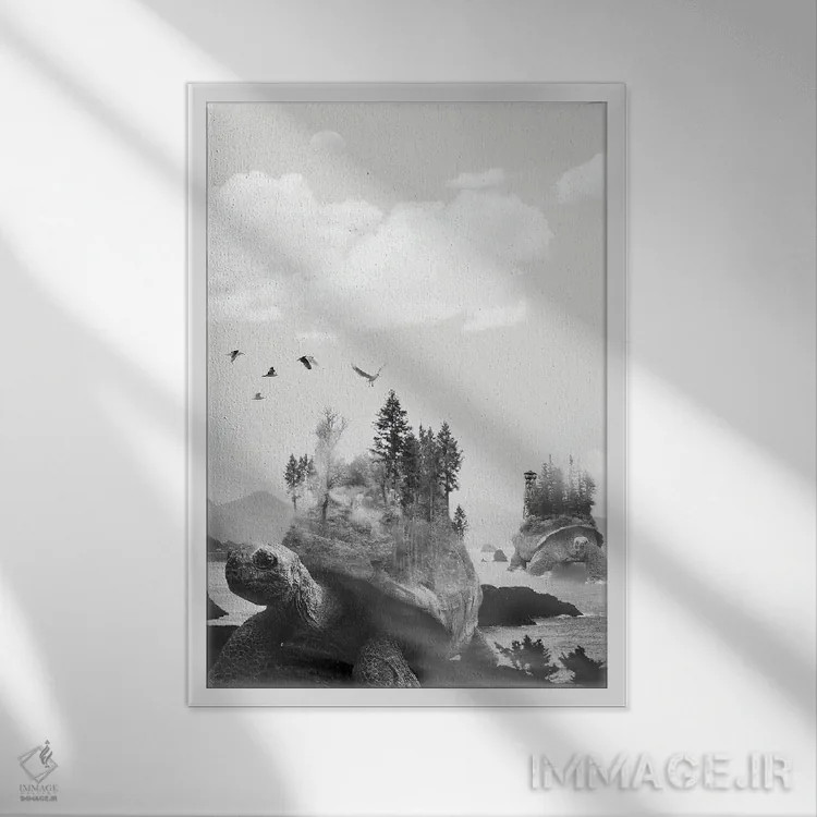 تابلو دکوراتیو لاک پشت و درختان اثر دیوید لوبلاو - نمای قابدار سفید