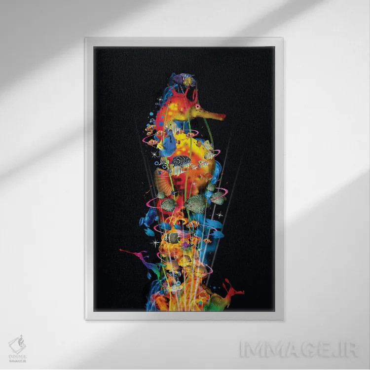 تابلو دکوراتیو اسب دریایی با دوستانش اثر دیوید لوبلاو - نمای قابدار سفید