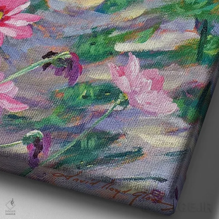 تابلو دکوراتیو مسیر گل های کوسموس در باغ اثر دیوید لوید گلوور - نمای نزدیک بافت بوم