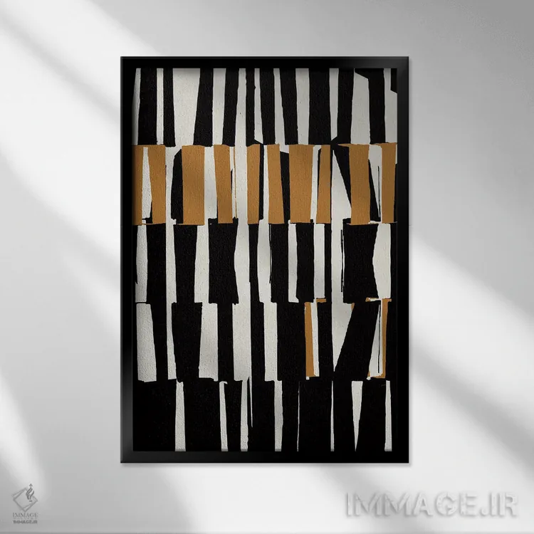 تابلو مینیمال هندسی اخرایی انتزاعی سه اثر دانیلو د آلکساندریا - نمای قابدار مشکی