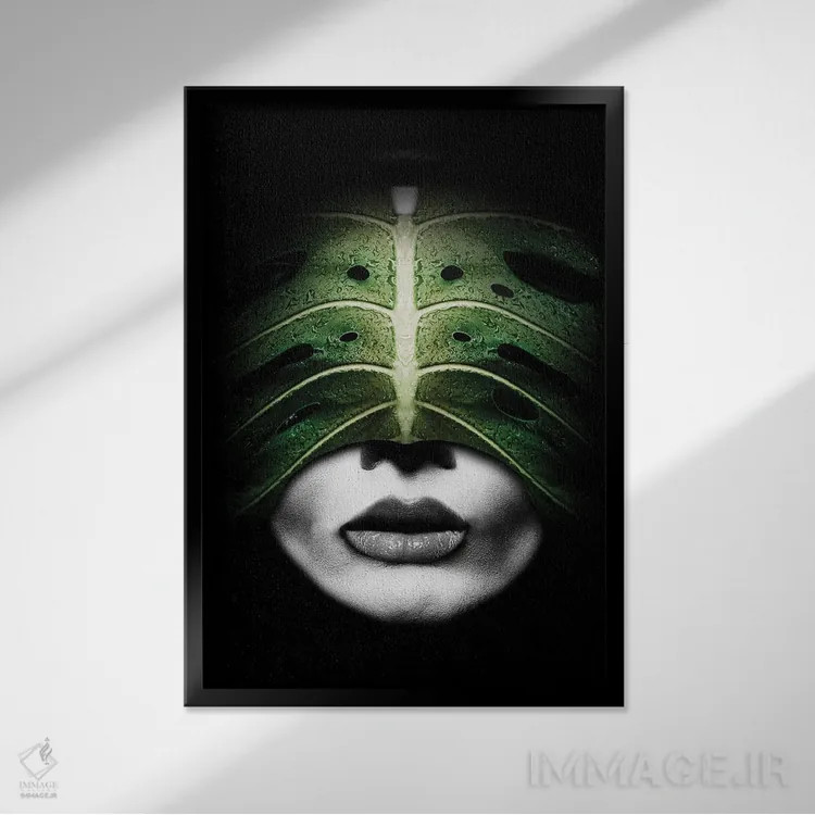 تابلو دکوراتیو زن با برگ سبز اثر دانیلو د آلکساندریا - نمای قابدار مشکی