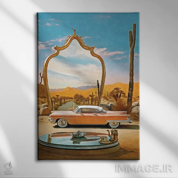 تابلو دکوراتیو سوررئالیسم؛ ماشین و آینه دو اثر دانیلو د آلکساندریا - نمای روبهرو روی دیوار