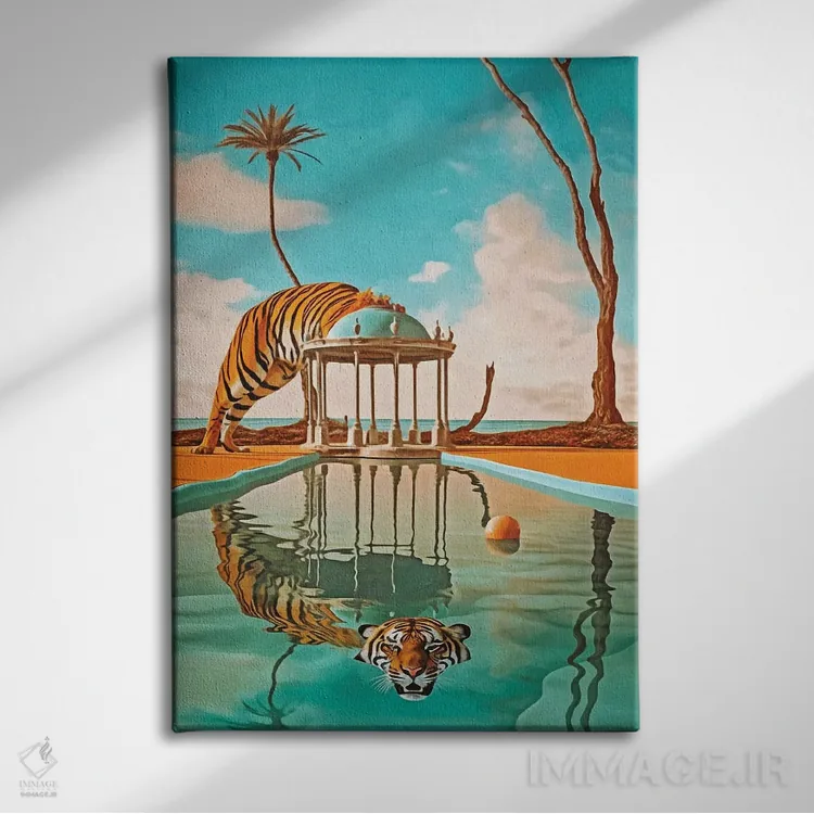 تابلو دکوراتیو سوررئالیسم؛ ببر در استخر اثر دانیلو د آلکساندریا - نمای روبهرو روی دیوار