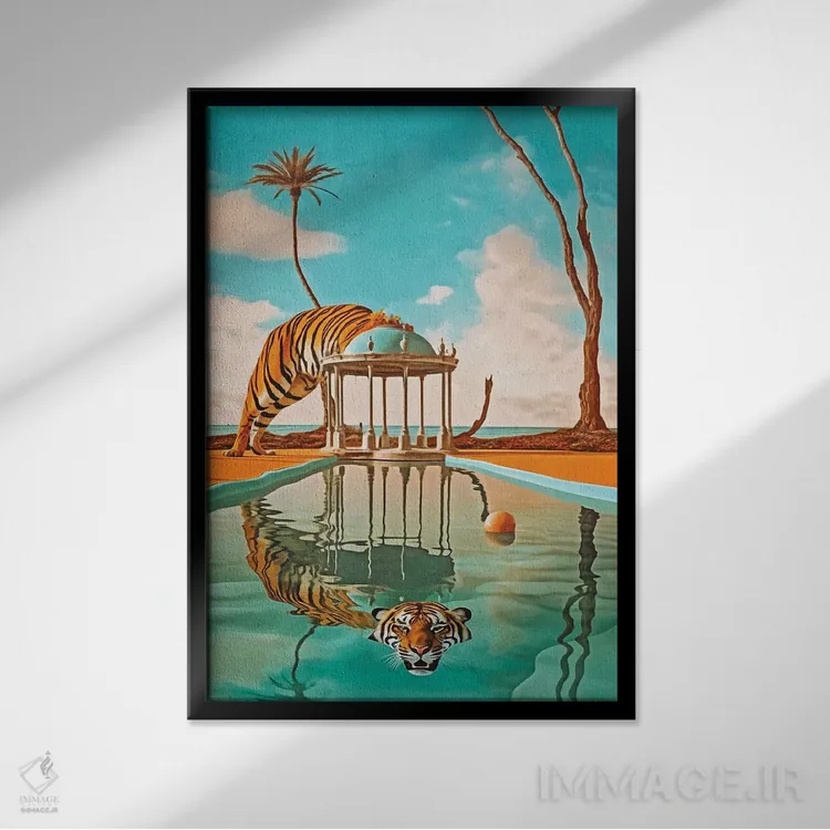 تابلو دکوراتیو سوررئالیسم؛ ببر در استخر اثر دانیلو د آلکساندریا - نمای قابدار مشکی