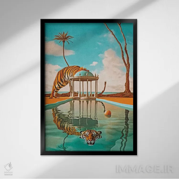 تابلو دکوراتیو سوررئالیسم؛ ببر در استخر اثر دانیلو د آلکساندریا - نمای قابدار مشکی