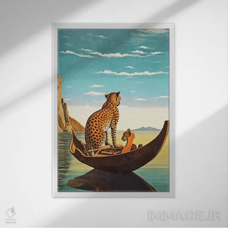 تابلو دکوراتیو سوررئالیسم؛ یوزپلنگ در قایق اثر دانیلو د آلکساندریا - نمای قابدار سفید