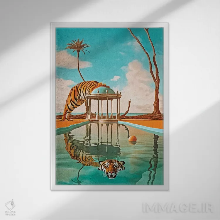 تابلو دکوراتیو سوررئالیسم؛ ببر در استخر اثر دانیلو د آلکساندریا - نمای قابدار سفید