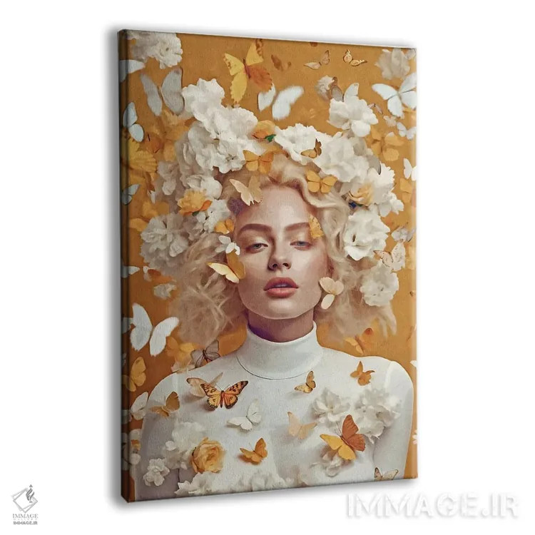 تابلو دکوراتیو زن با گل ها و پروانه های زرد اثر دانیلو د آلکساندریا - نمای پرسپکتیو محصول