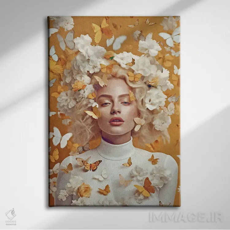 تابلو دکوراتیو زن با گل ها و پروانه های زرد اثر دانیلو د آلکساندریا - نمای روبهرو روی دیوار