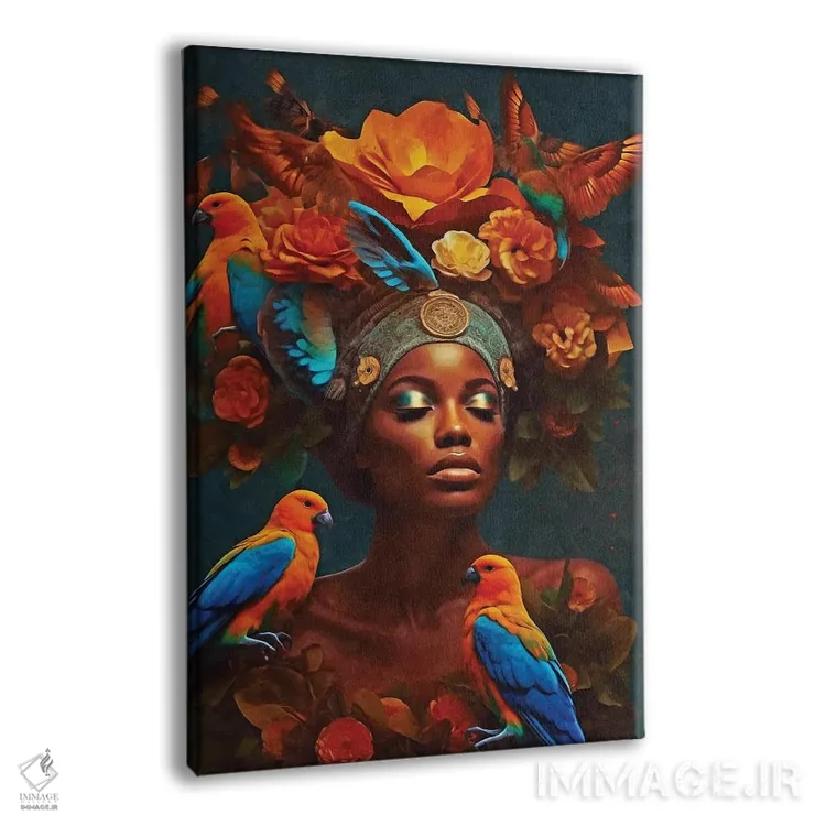 تابلو دکوراتیو زن با گل ها و پرنده های نارنجی اثر دانیلو د آلکساندریا - نمای پرسپکتیو محصول
