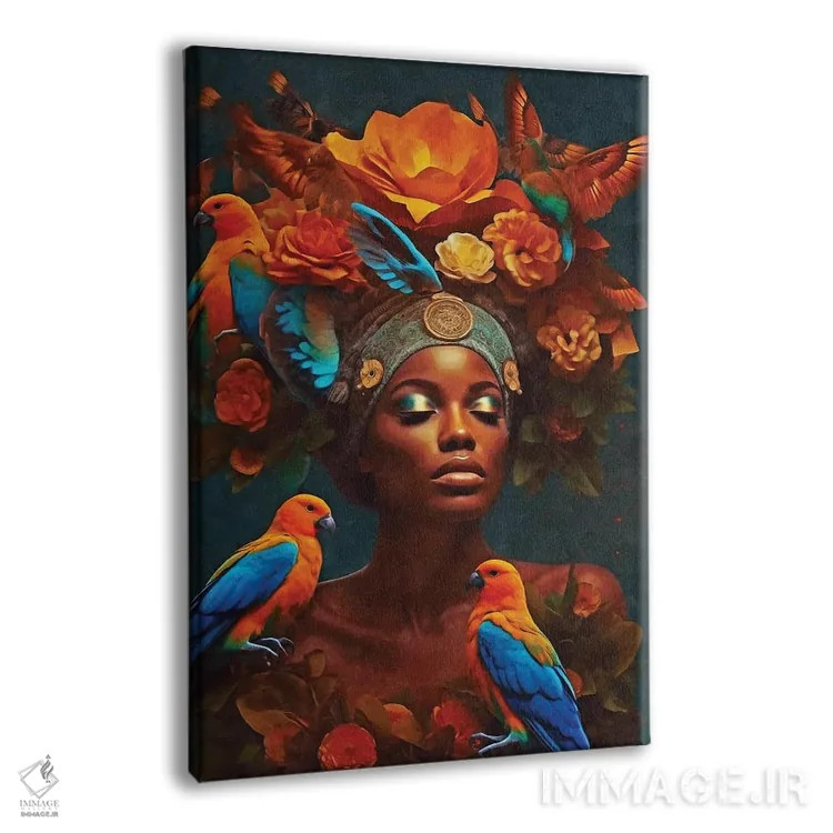 تابلو دکوراتیو زن با گل ها و پرنده های نارنجی اثر دانیلو د آلکساندریا - نمای پرسپکتیو محصول
