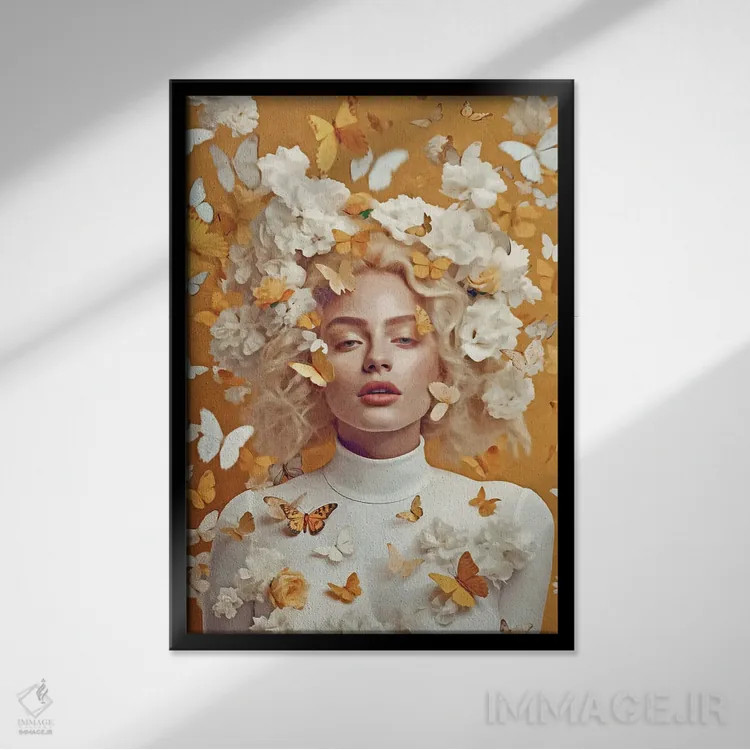 تابلو دکوراتیو زن با گل ها و پروانه های زرد اثر دانیلو د آلکساندریا - نمای قابدار مشکی