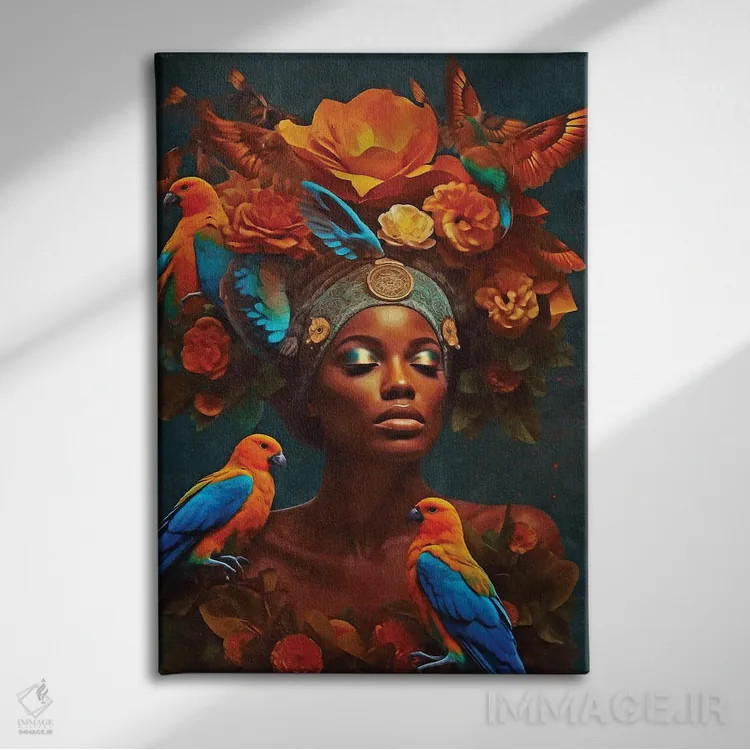 تابلو دکوراتیو زن با گل ها و پرنده های نارنجی اثر دانیلو د آلکساندریا - نمای روبهرو روی دیوار