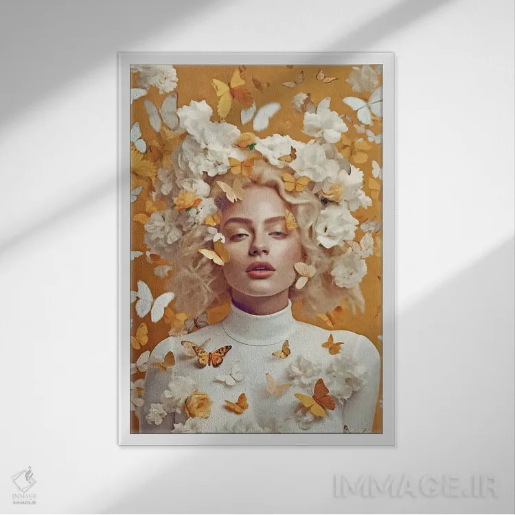 تابلو دکوراتیو زن با گل ها و پروانه های زرد اثر دانیلو د آلکساندریا - نمای قابدار سفید
