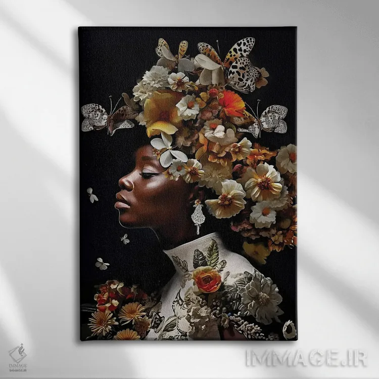 تابلو دکوراتیو زن با گل ها و طلای سفید اثر دانیلو د آلکساندریا - نمای روبهرو روی دیوار