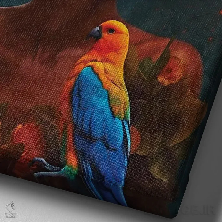 تابلو دکوراتیو زن با گل ها و پرنده های نارنجی اثر دانیلو د آلکساندریا - نمای نزدیک بافت بوم