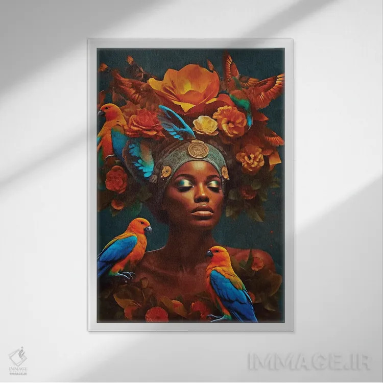 تابلو دکوراتیو زن با گل ها و پرنده های نارنجی اثر دانیلو د آلکساندریا - نمای قابدار سفید