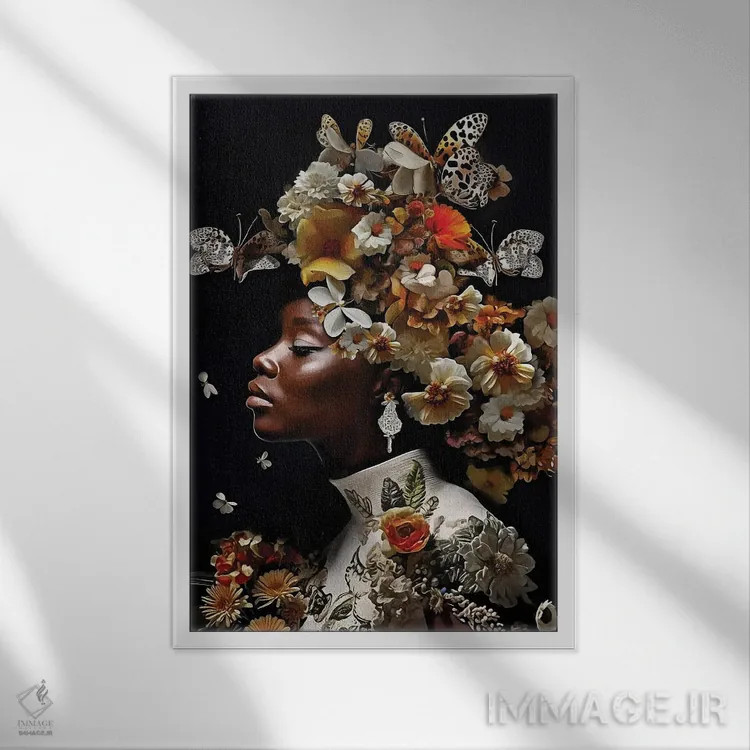 تابلو دکوراتیو زن با گل ها و طلای سفید اثر دانیلو د آلکساندریا - نمای قابدار سفید