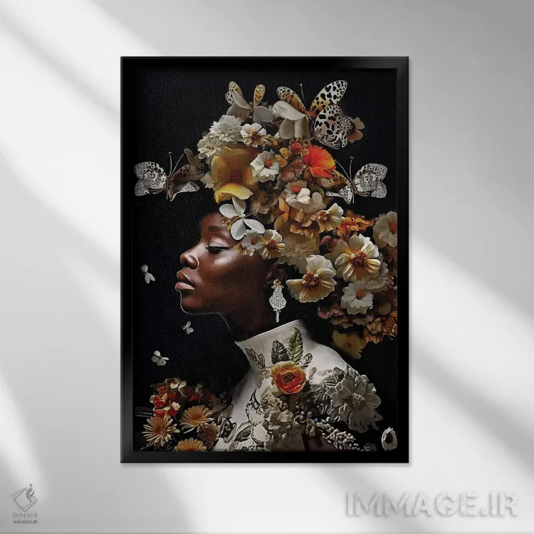 تابلو دکوراتیو زن با گل ها و طلای سفید اثر دانیلو د آلکساندریا - نمای قابدار مشکی