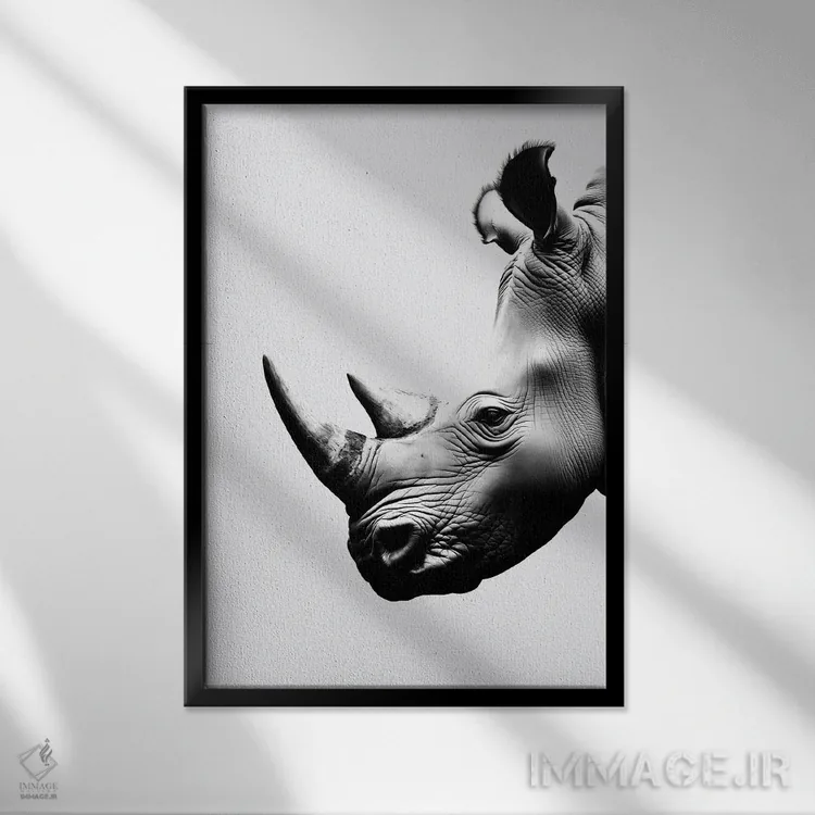 تابلو دکوراتیو کرگدن به سبک مینیمالیستی اثر دانیلو د آلکساندریا - نمای قابدار مشکی