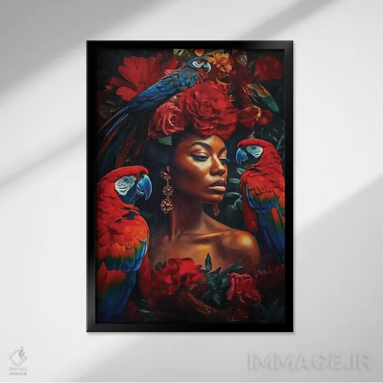 تابلو دکوراتیو زن گل دار با ماکائوها اثر دانیلو د آلکساندریا - نمای قابدار مشکی