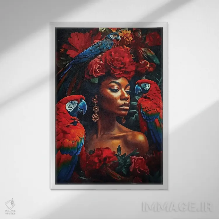 تابلو دکوراتیو زن گل دار با ماکائوها اثر دانیلو د آلکساندریا - نمای قابدار سفید