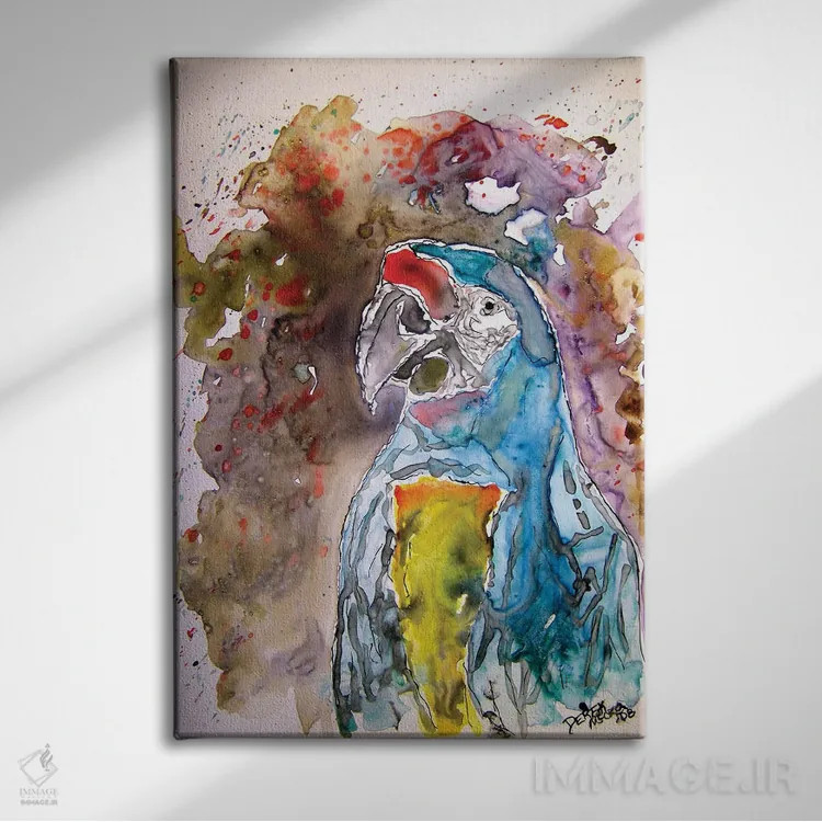 تابلو دکوراتیو هنر یوپو: طوطی ماکائو اثر درک مک کری - نمای روبهرو روی دیوار