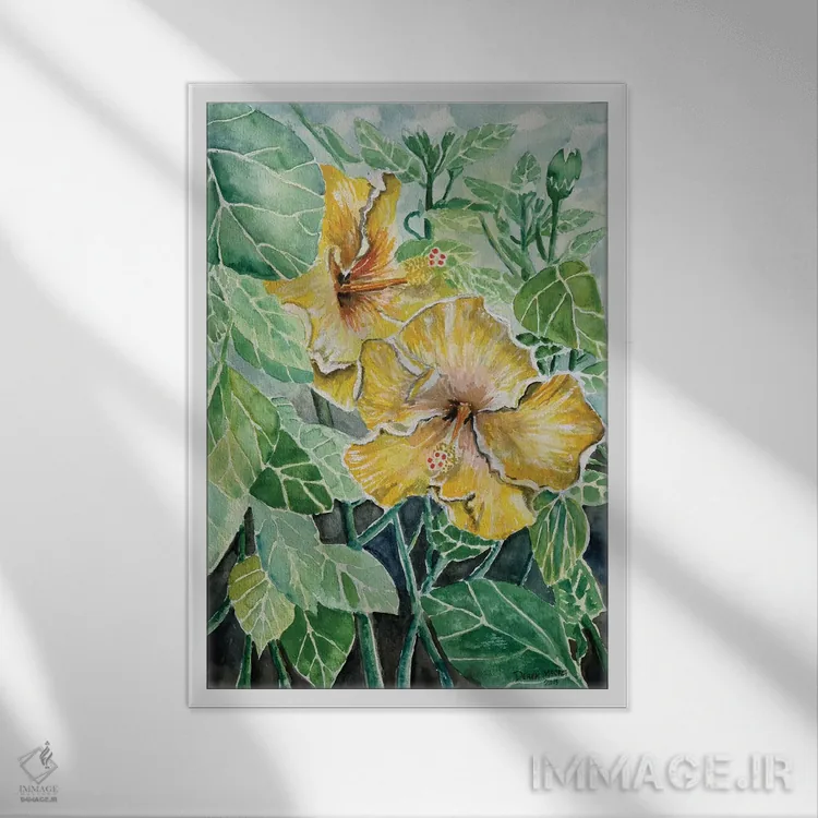 تابلو دکوراتیو گل های هیبیسکوس گرمسیری اثر درک مک کری - نمای قابدار سفید