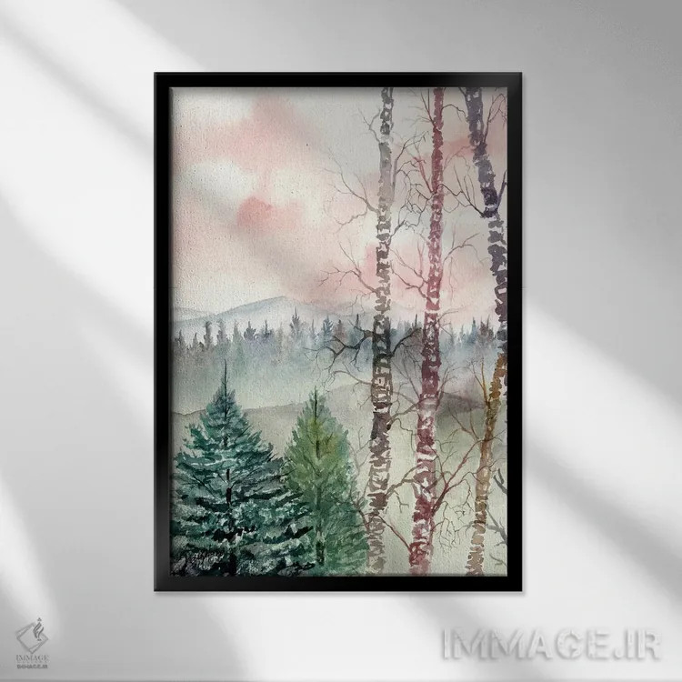 تابلو دکوراتیو درختان غان، چشم انداز زمستانی اثر درک مک کری - نمای قابدار مشکی