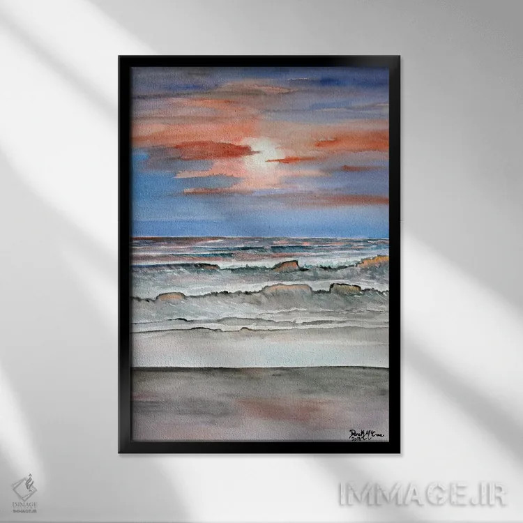 تابلو مدرن ساحل در غروب آفتاب اثر درک مک کری - نمای قابدار مشکی