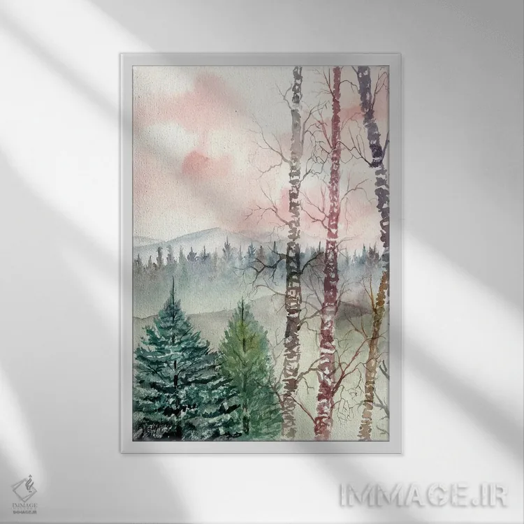 تابلو دکوراتیو درختان غان، چشم انداز زمستانی اثر درک مک کری - نمای قابدار سفید