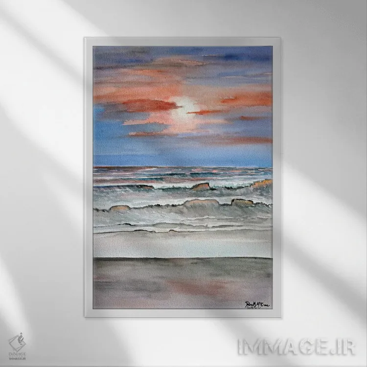 تابلو مدرن ساحل در غروب آفتاب اثر درک مک کری - نمای قابدار سفید