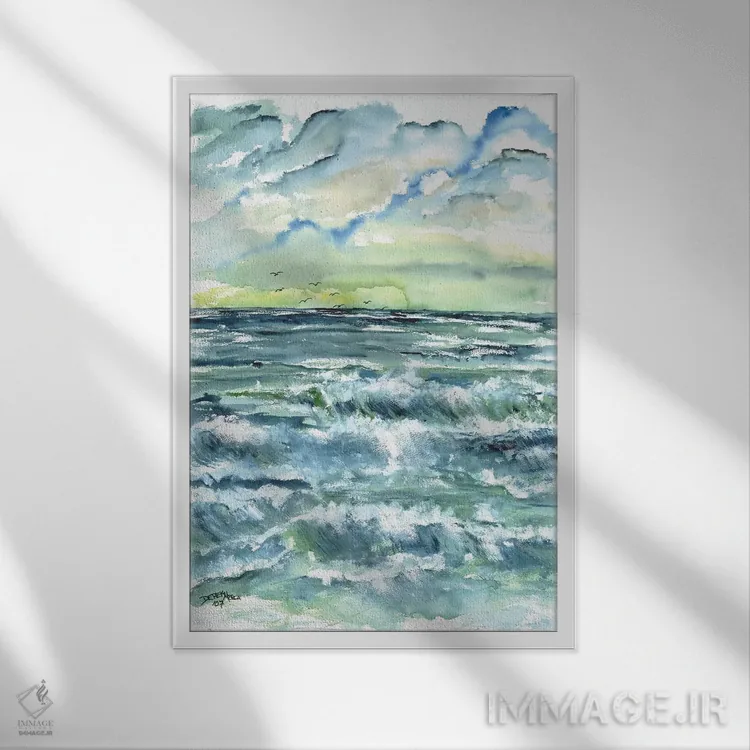 تابلو مدرن چشم انداز دریا با موج ها اثر درک مک کری - نمای قابدار سفید