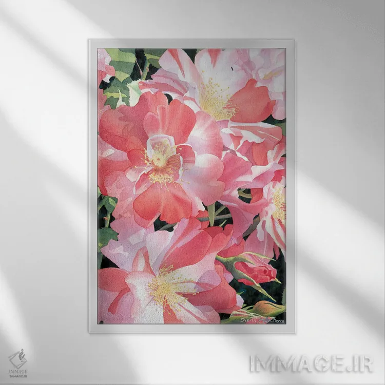 تابلو دکوراتیو خطوط آب نباتی و گل رز اثر دیانا میلر-پیرس - نمای قابدار سفید