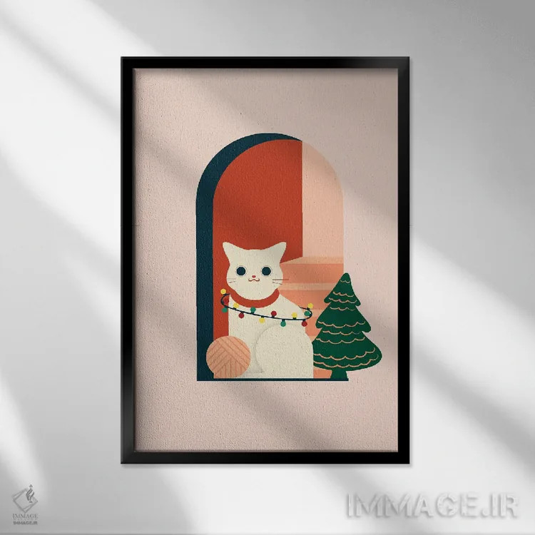 تابلو دکوراتیو گربه کریسمس اثر دومونیک براون - نمای قابدار مشکی