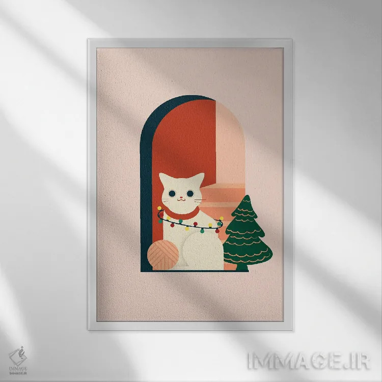 تابلو دکوراتیو گربه کریسمس اثر دومونیک براون - نمای قابدار سفید