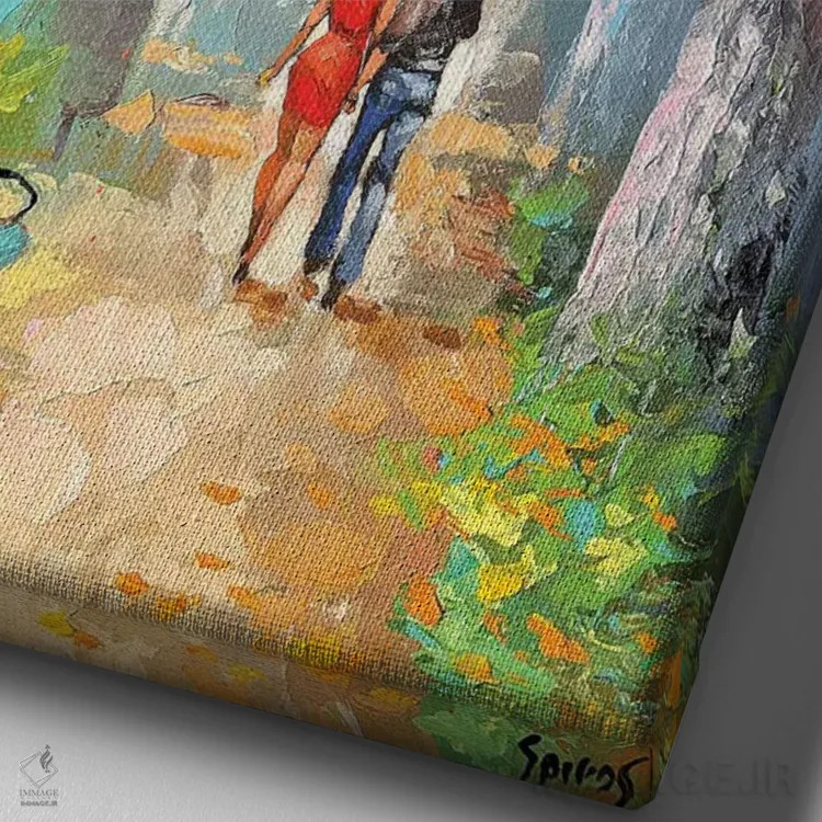 تابلو دکوراتیو بوسه پاییزی اثر دمیتری اسپیروس - نمای نزدیک بافت بوم