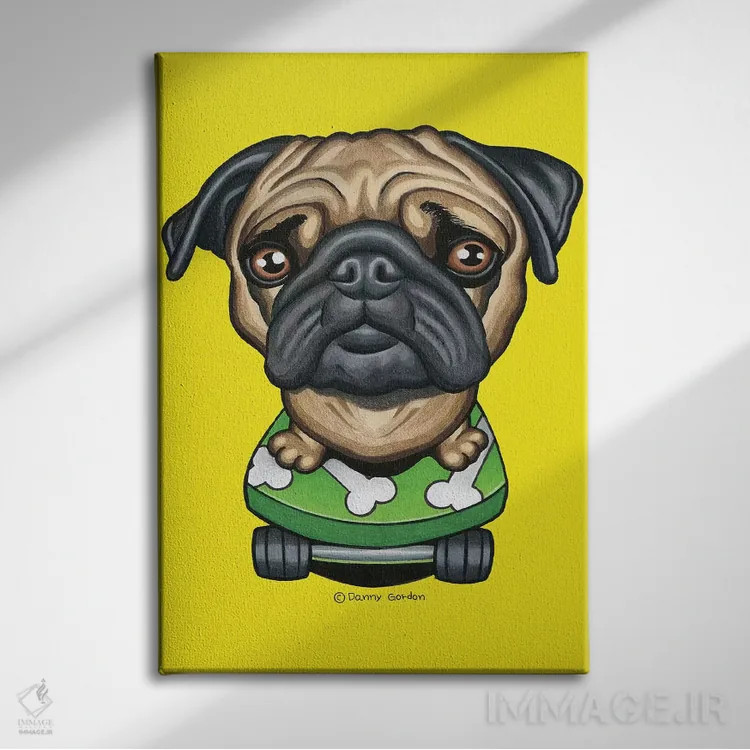 تابلو دکوراتیو پاگ با اسکیت بورد استخوانی اثر دنی گوردون - نمای روبهرو روی دیوار