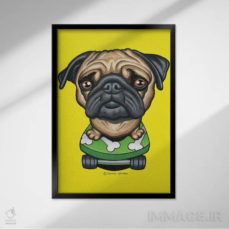 تابلو دکوراتیو پاگ با اسکیت بورد استخوانی اثر دنی گوردون - نمای قابدار مشکی