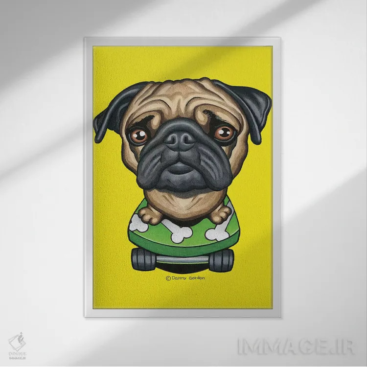 تابلو دکوراتیو پاگ با اسکیت بورد استخوانی اثر دنی گوردون - نمای قابدار سفید