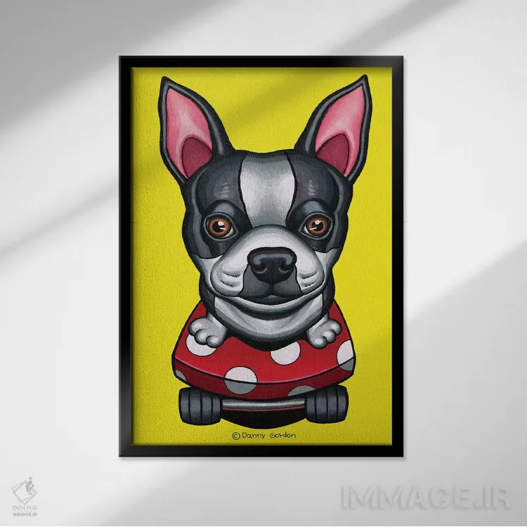 تابلو دکوراتیو تریر بوستون روی اسکیت بورد اثر دنی گوردون - نمای قابدار مشکی