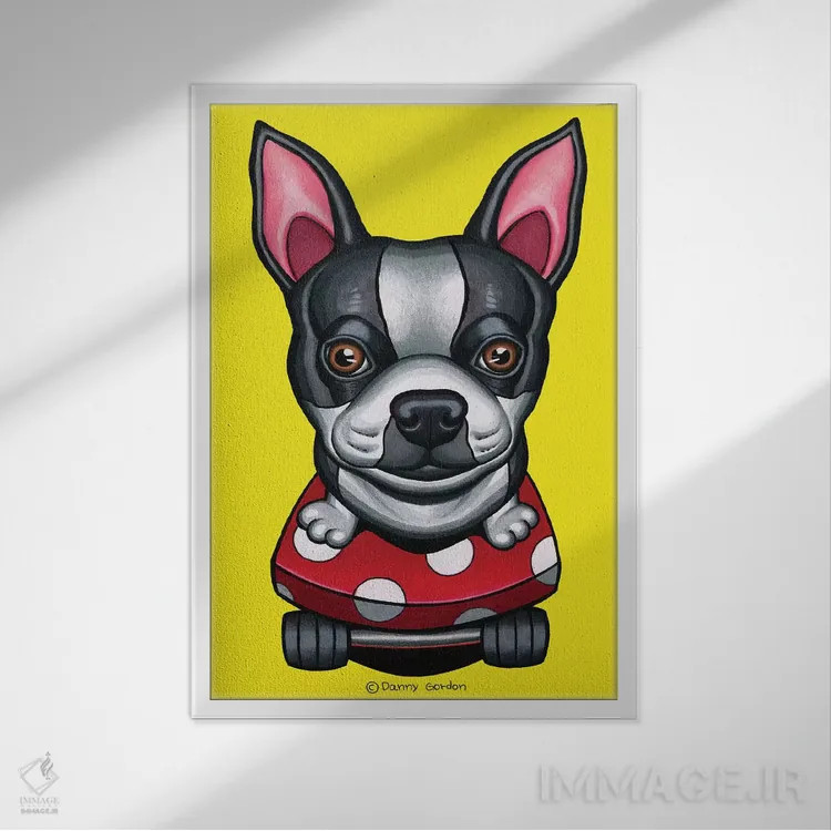 تابلو دکوراتیو تریر بوستون روی اسکیت بورد اثر دنی گوردون - نمای قابدار سفید