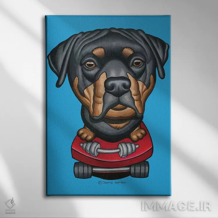 تابلو دکوراتیو روتوایلر با اسکیت بورد و دمبل اثر دنی گوردون - نمای روبهرو روی دیوار