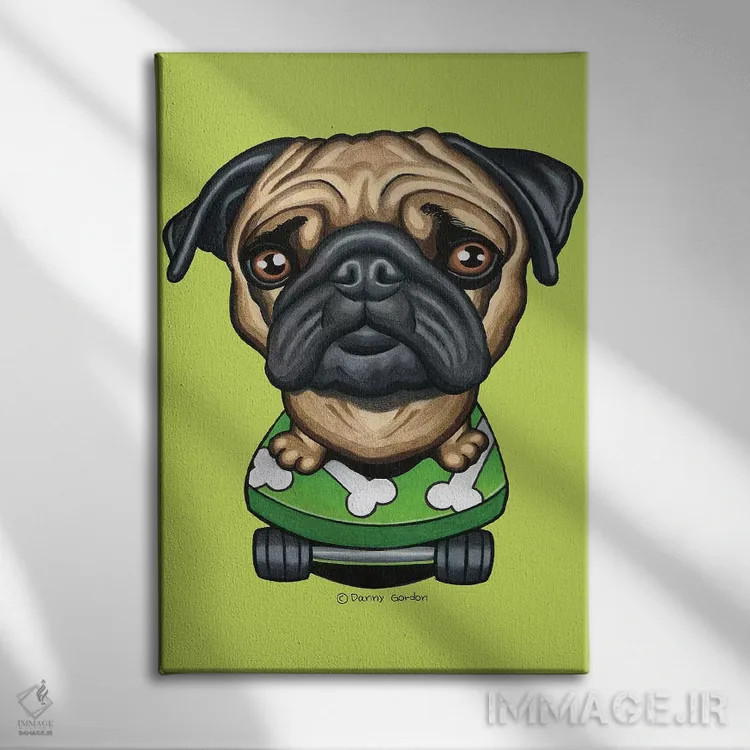 تابلو دکوراتیو پاگ با اسکیت بورد استخوانی-لیمویی اثر دنی گوردون - نمای روبهرو روی دیوار