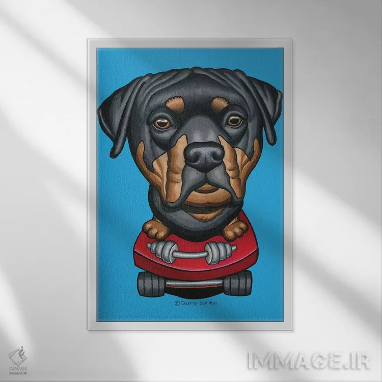 تابلو دکوراتیو روتوایلر با اسکیت بورد و دمبل اثر دنی گوردون - نمای قابدار سفید