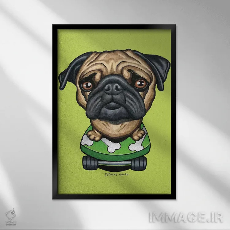 تابلو دکوراتیو پاگ با اسکیت بورد استخوانی-لیمویی اثر دنی گوردون - نمای قابدار مشکی