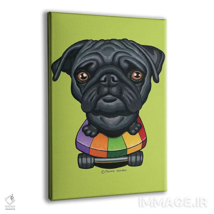 تابلو دکوراتیو پاگ با اسکیت بورد راه راه لیمویی اثر دنی گوردون - نمای پرسپکتیو محصول