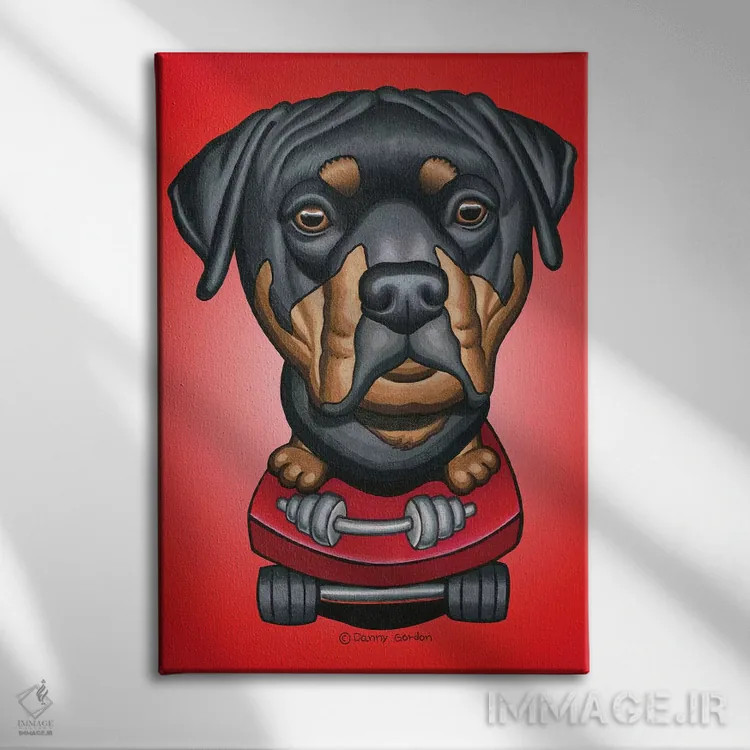 تابلو دکوراتیو روتوایلر با اسکیت بورد دمبل قرمز پرتوئی اثر دنی گوردون - نمای روبهرو روی دیوار