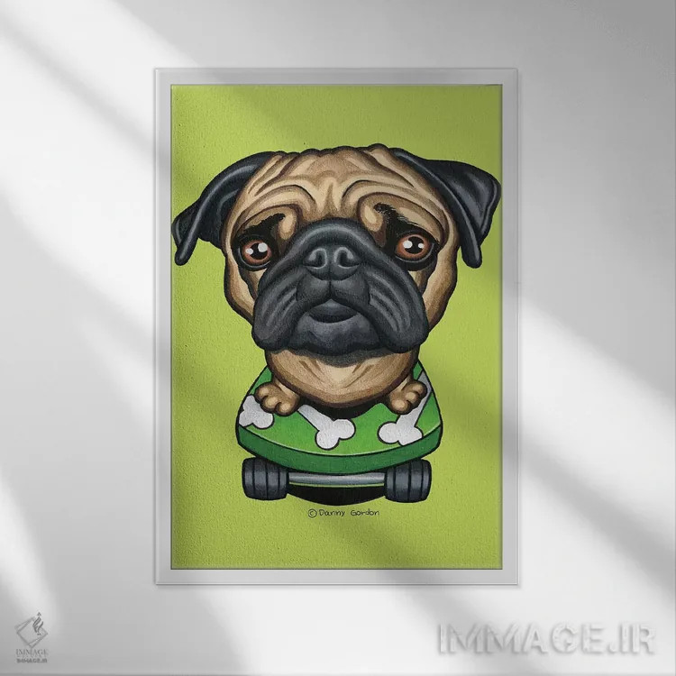 تابلو دکوراتیو پاگ با اسکیت بورد استخوانی-لیمویی اثر دنی گوردون - نمای قابدار سفید